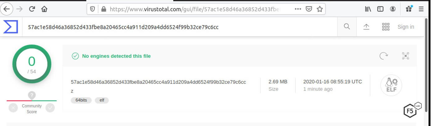 Screenshot showing that no antivirus engines have picked up this malware