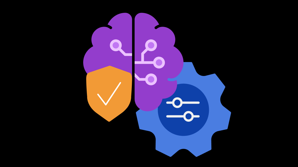 Digital brain with an orange security shield and blue settings gear.