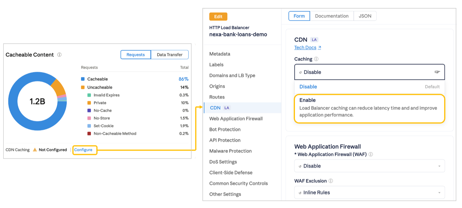 F5 Distributed Cloud CDN can be enabled with one click in any load balancer.