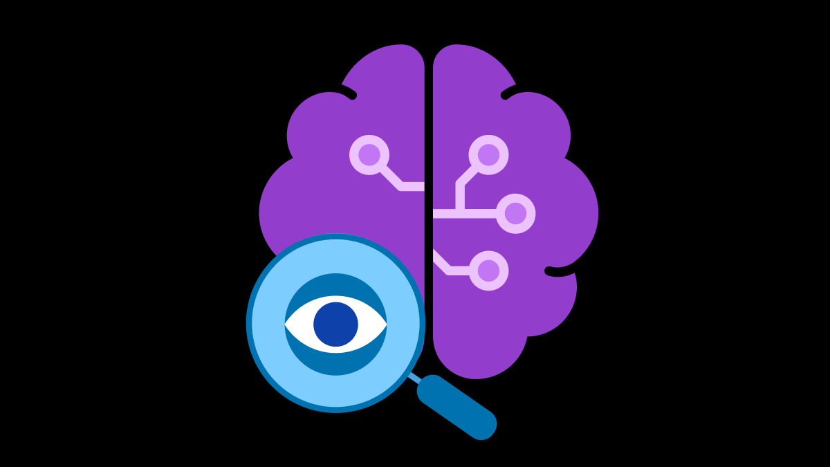 Digital brain icon monitored through a magnifying glass with an eye.