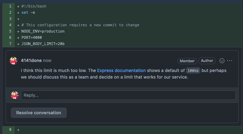 Screenshot of code review saying a limit of 20 bytes for the message body is too small