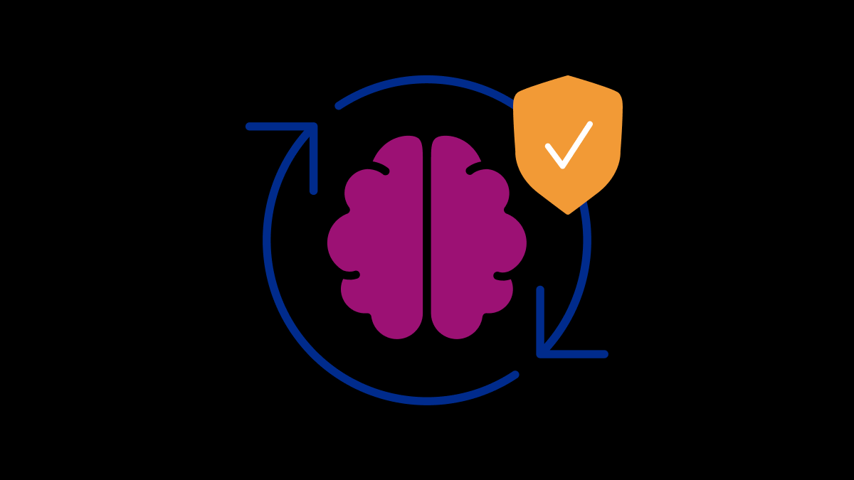 Purple brain and orange security shield enclosed by circular blue arrows.