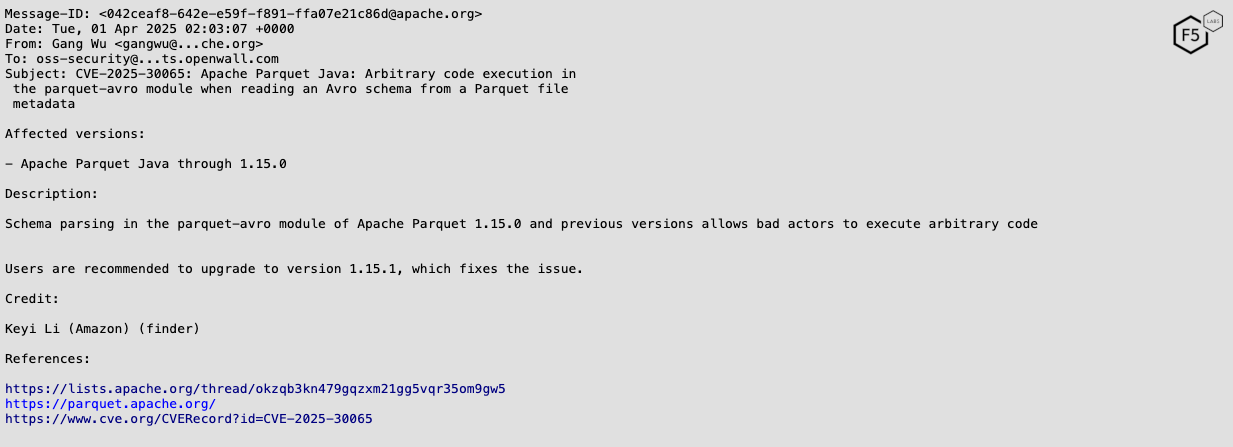 A screenshot of the announcement of CVE-2025-30065 on the oss-security mailing list