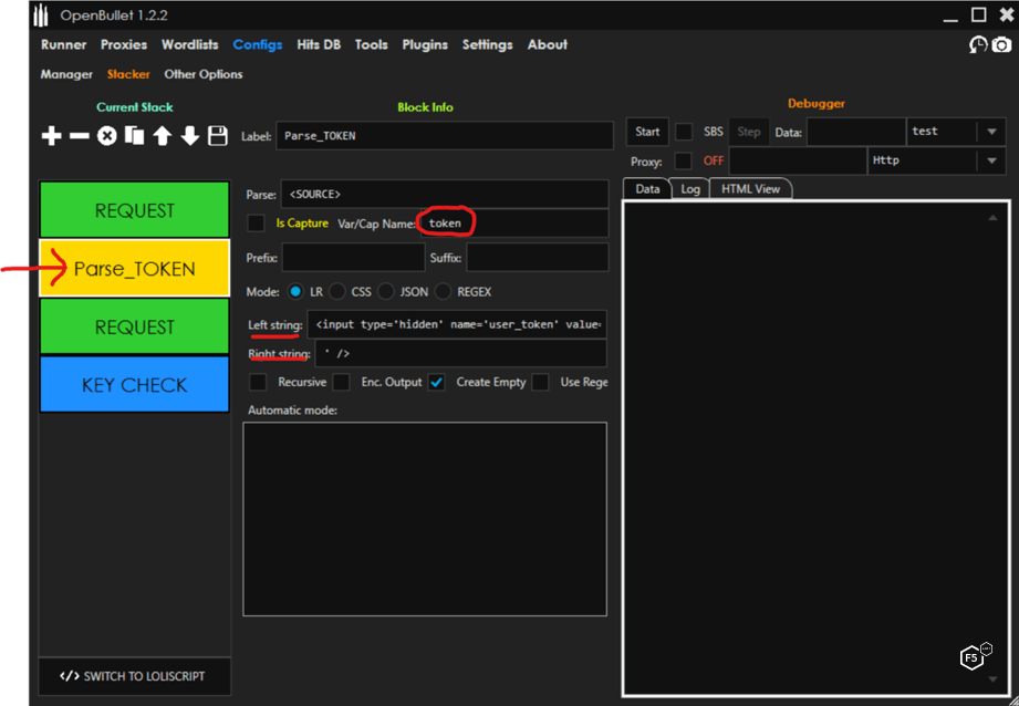 A screencap showing the OpenBullet credential stuffing tool interface, demonstrating how to configure a parse token.
