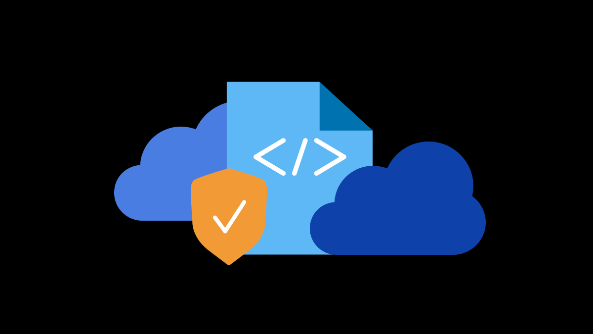 Code file and orange security shield icon in front of cloud shapes.
