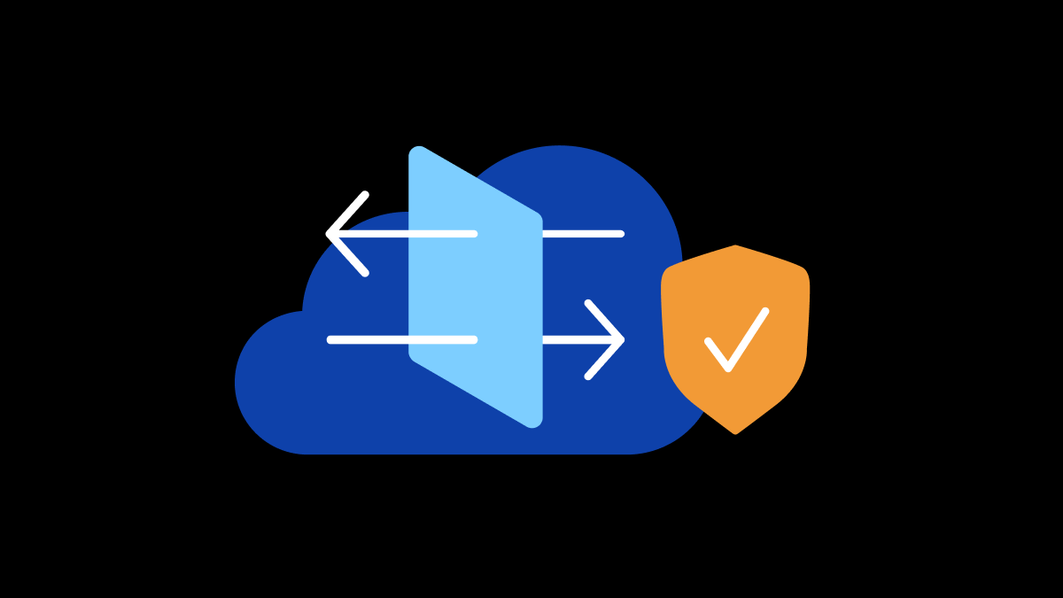 Arrows passing through an open door on a cloud next to an orange security shield.