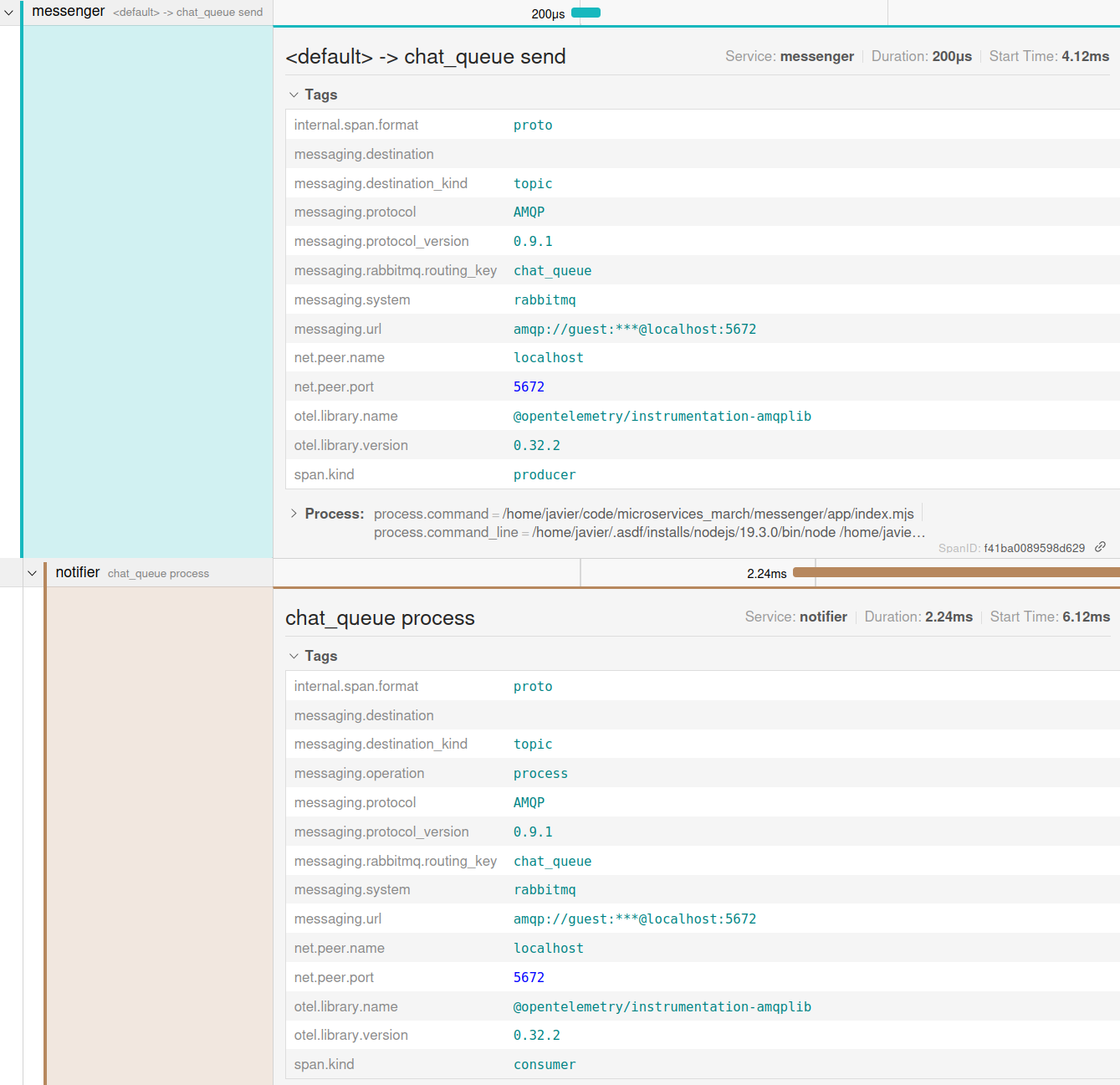 Screenshot of Jaeger GUI showing the notifier service consuming an event dispatched by the messenger service