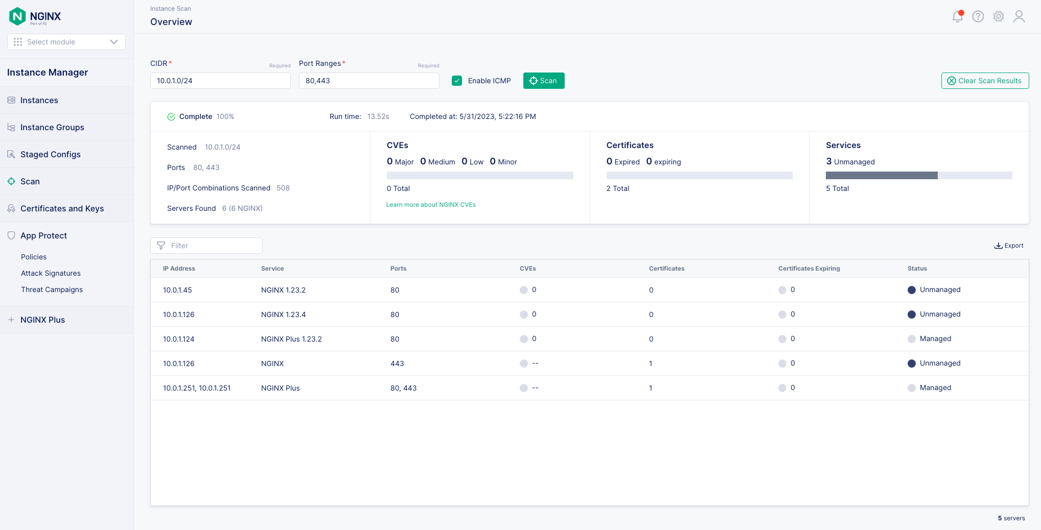 Overview of a NGINX scan when ICMP is enabled