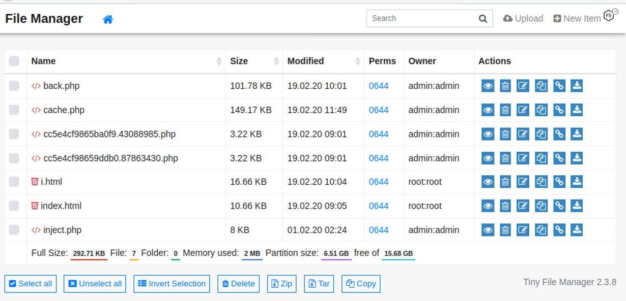 Screenshot of Tiny File Manager, the program that acts as a back door