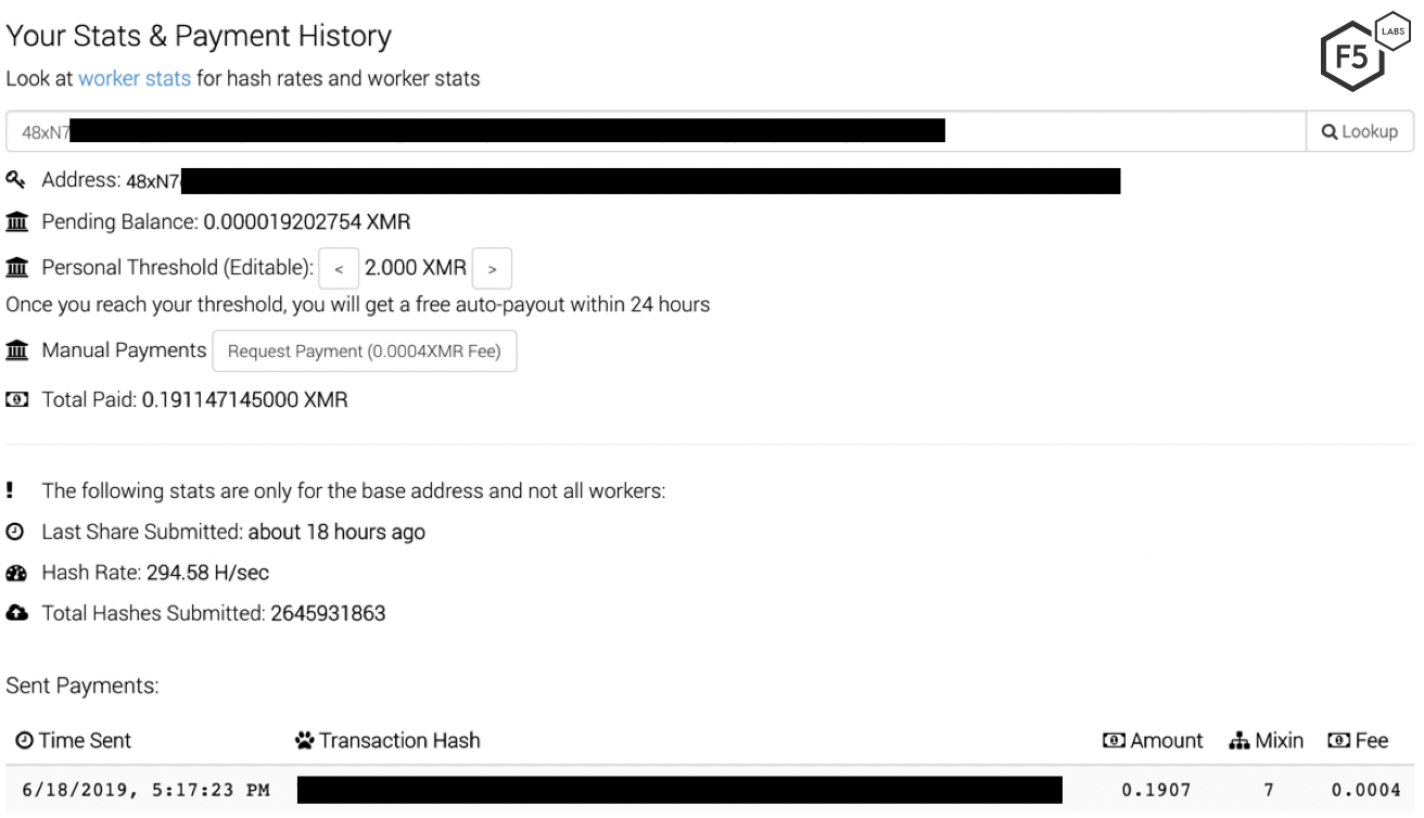 Figure 8. Status of the threat actor’s Monero wallet.