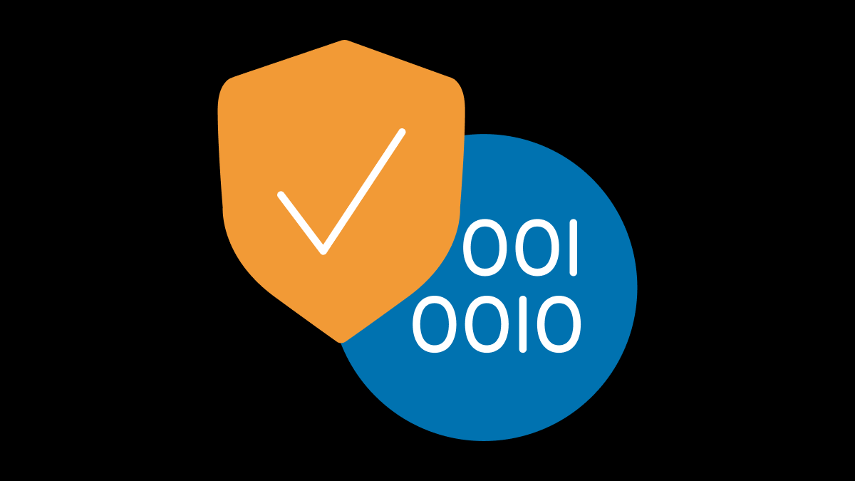 Orange security shield with a checkmark over a blue circle with binary data.