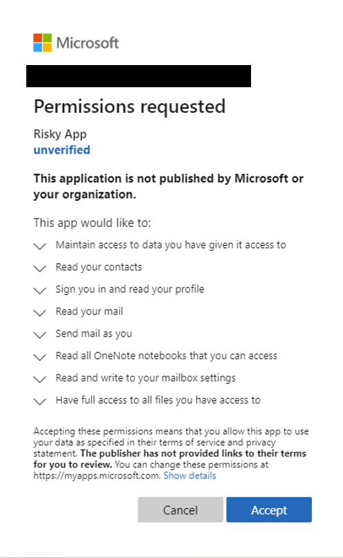 Screenshot of consent phishing scam