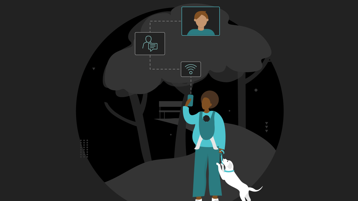 Cartoon illustration of a person by a tree looking at asmart devices