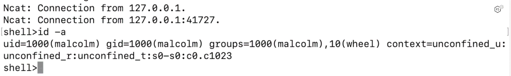 Figure 3: On attacker machine, the network connection is received, and the attacker now has shell access on the target