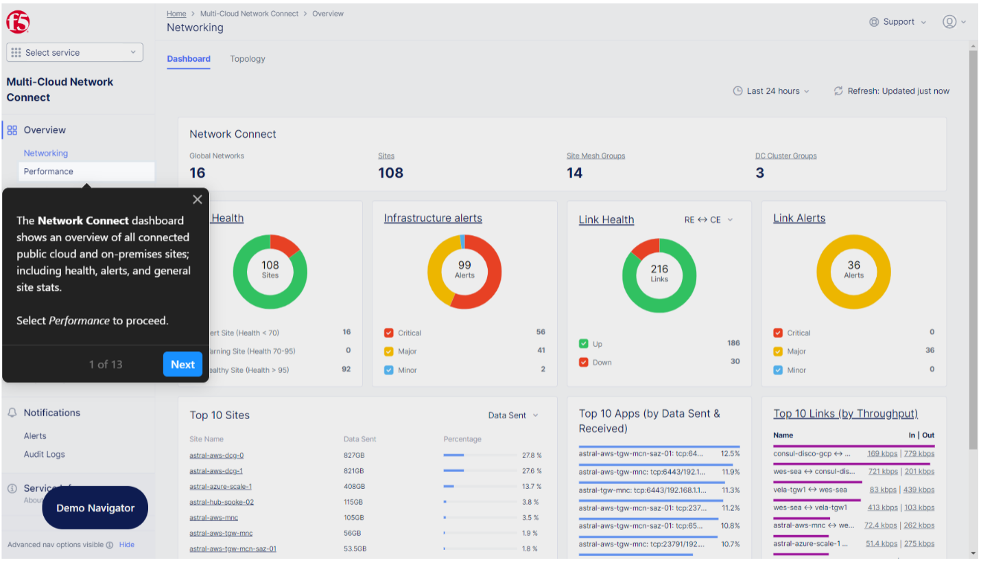 Representative screenshot of F5’s SaaS-based secure multicloud networking console. Representative screenshot of F5’s SaaS-based secure multicloud networking console.