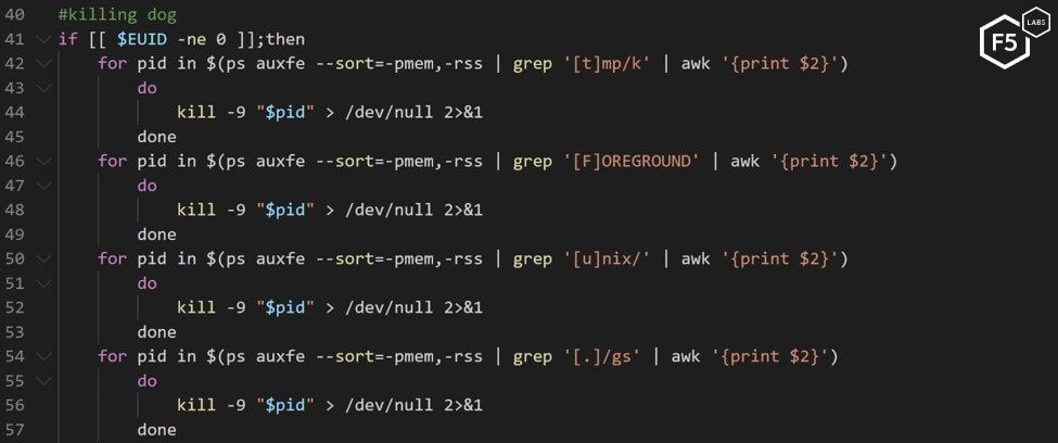 Screenshot of the bash script killing off rival malware processes