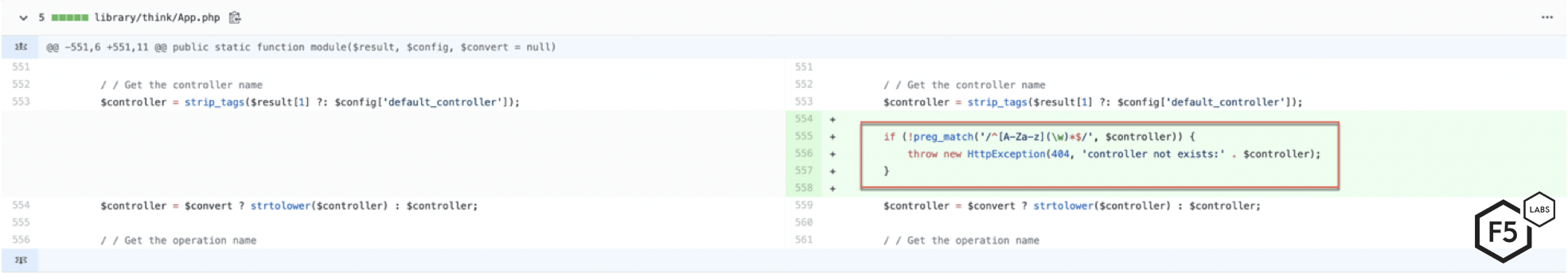 Figure 2. Patch released by ThinkPHP developers adds a RegEx to validate the controller name