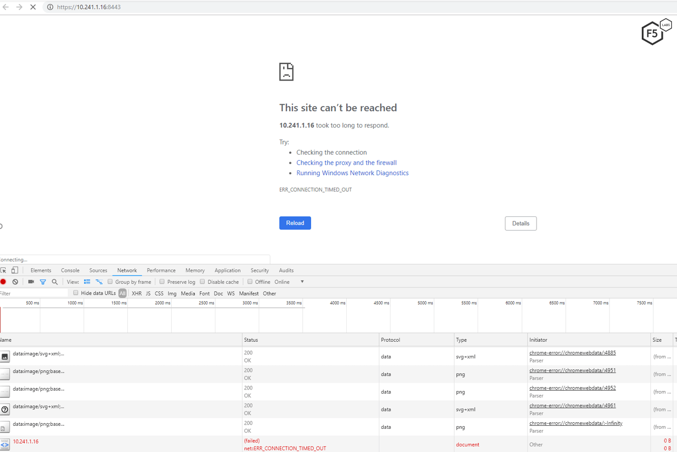 Figure 5: Apache server stopped responding to requests while under attack with Slowloris over HTTP/2