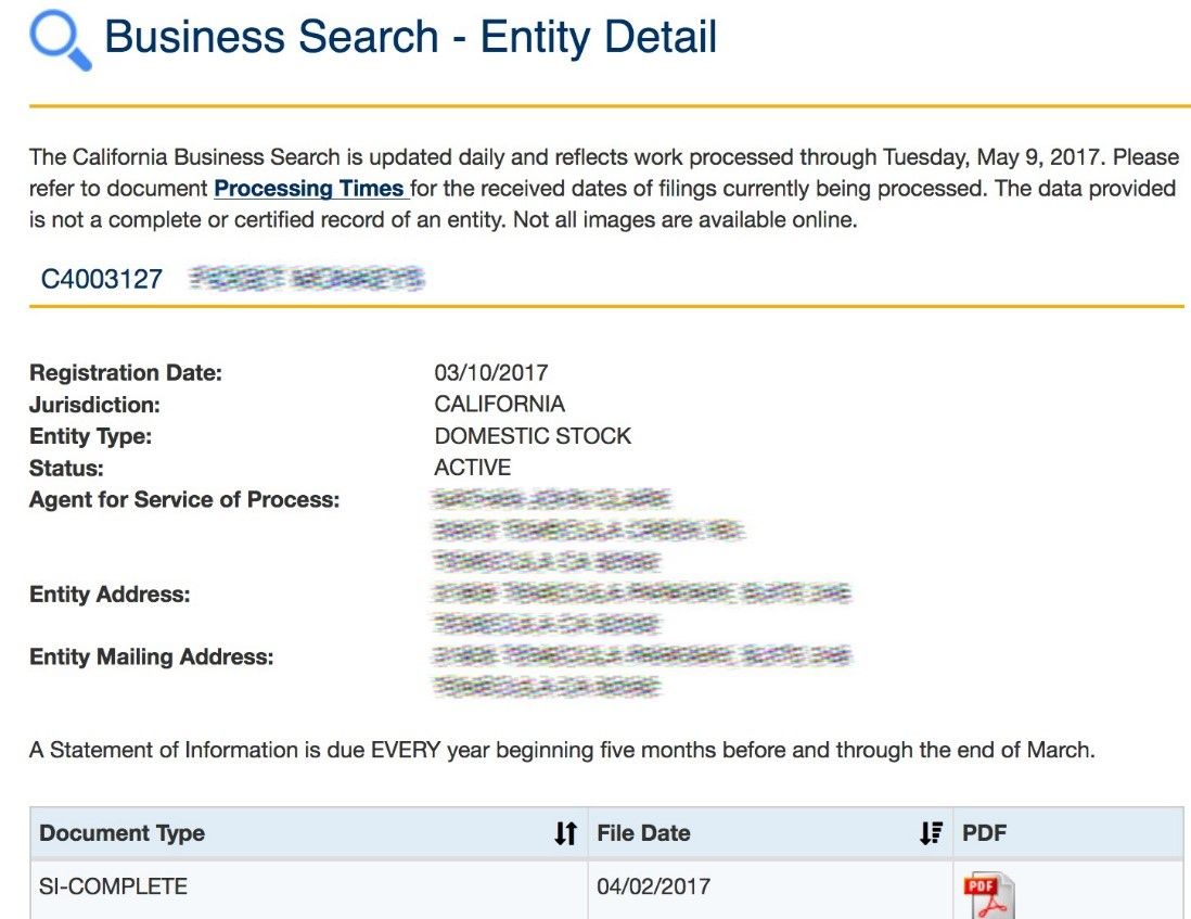 Search results for a business entity