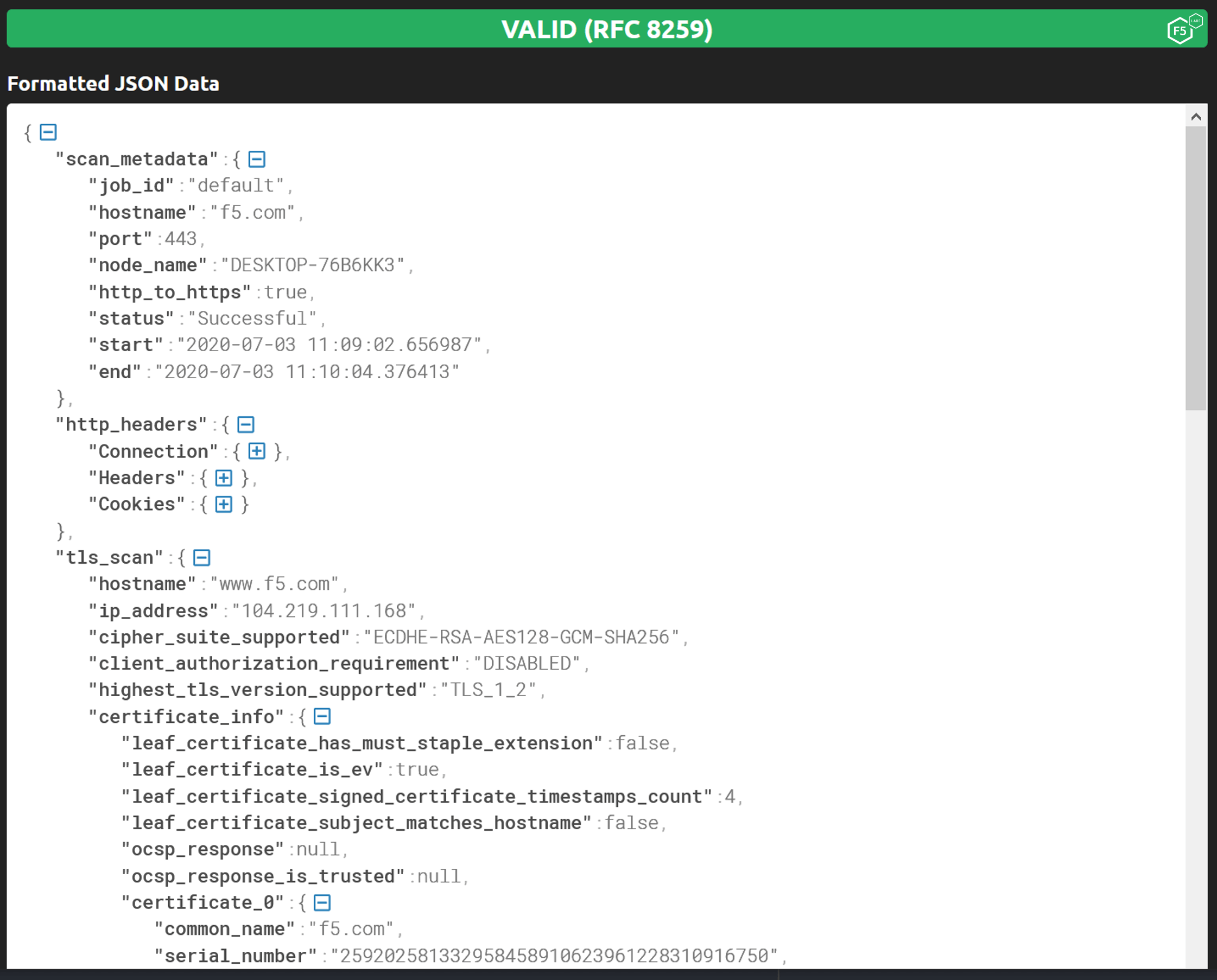 Figure 7. Viewing same output as seen in Figure 6 using a JSON formatter (Source: https://jsonformatter.curiousconcept.com)