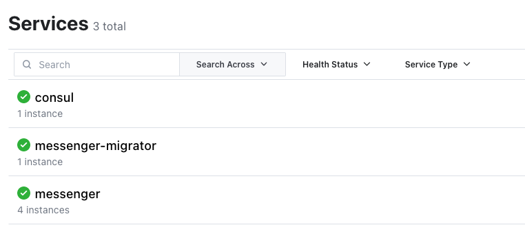Consul UI Services tab with one instance each of consul and messenger-migrator services, and four instances of messenger service