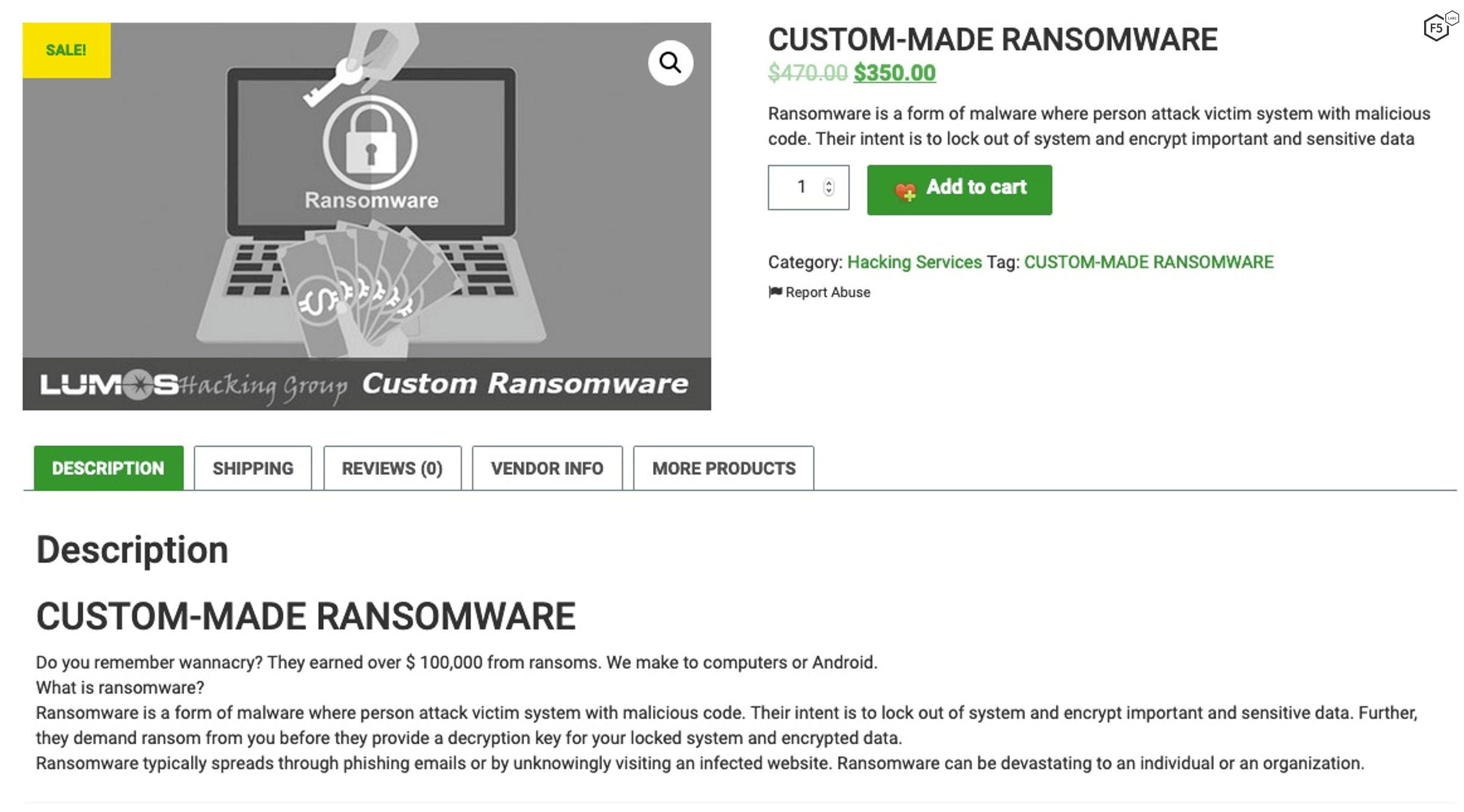 Dark web advertisement for customized ransomware for $350