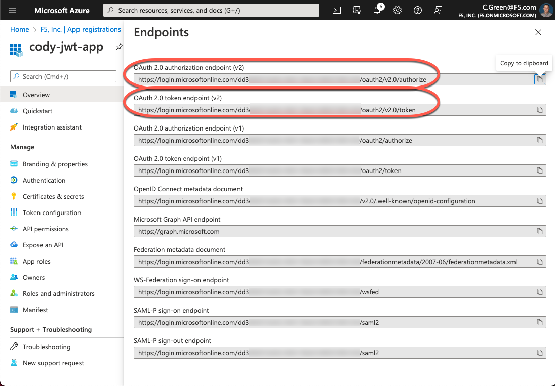 Azure AD Application Endpoint URLs