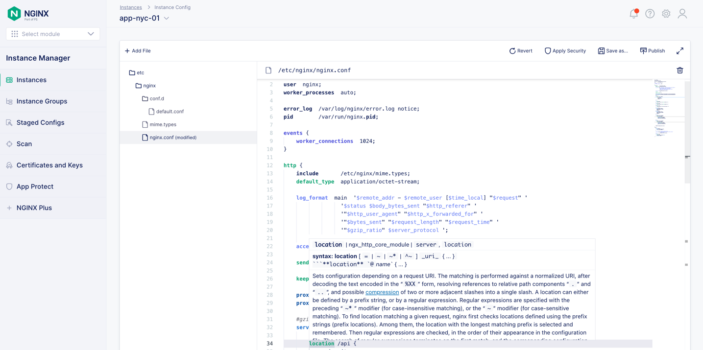 Screenshot of configuration editor in NGINX Management Suite Instance manager 2.8.0
