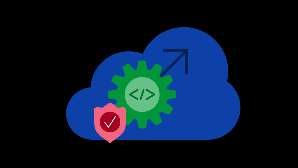 Shield with checkmark and code wheel in a cloud