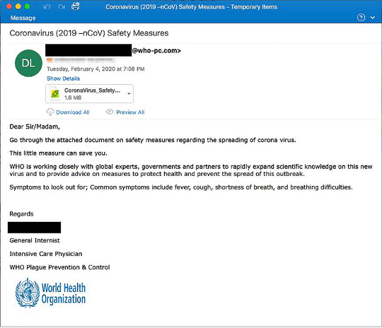Screenshot of a phishing email allegedly sent by the World Health Organization