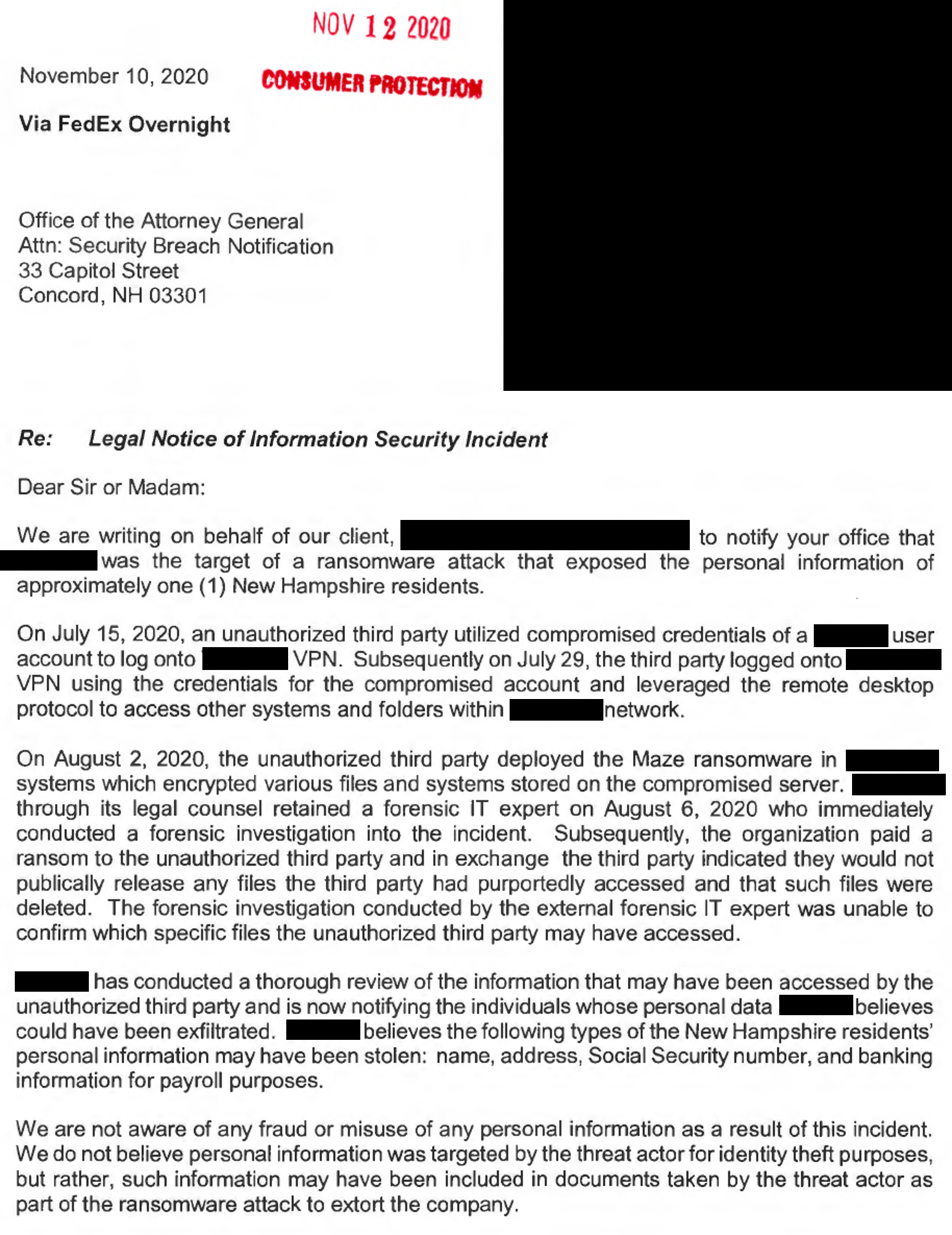 An example data breach notification letter, including details about the use of compromised VPN credentials, remote desktop protocol, and Maze ransomware.