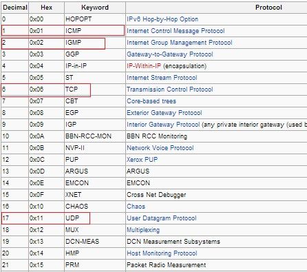 Figure 5: Table of supported IP protocols