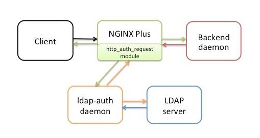 The NGINX Plus reference implementation for LDAP authentication includes the ldap-auth daemon and a sample backend daemon
