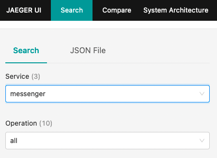 Screenshot of Jaeger GUI showing messenger in the list of services available for in-depth inspection of psans