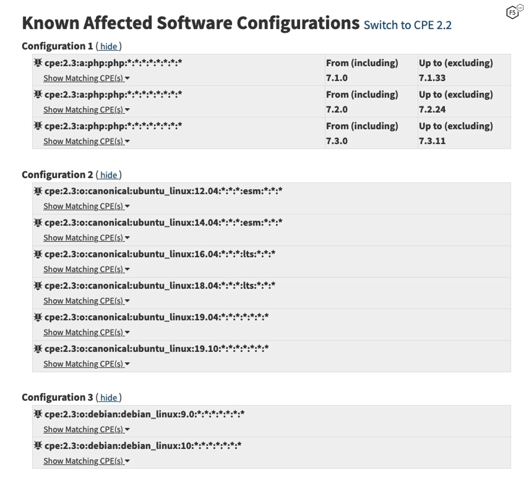 Figure 7. Affected software for CVE-2019-11043 at National Vulnerability Database site.