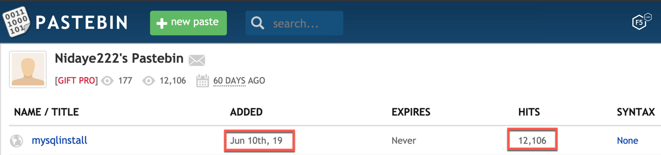 Figure 23. Profile of the user serving the malicious file on Pastebin