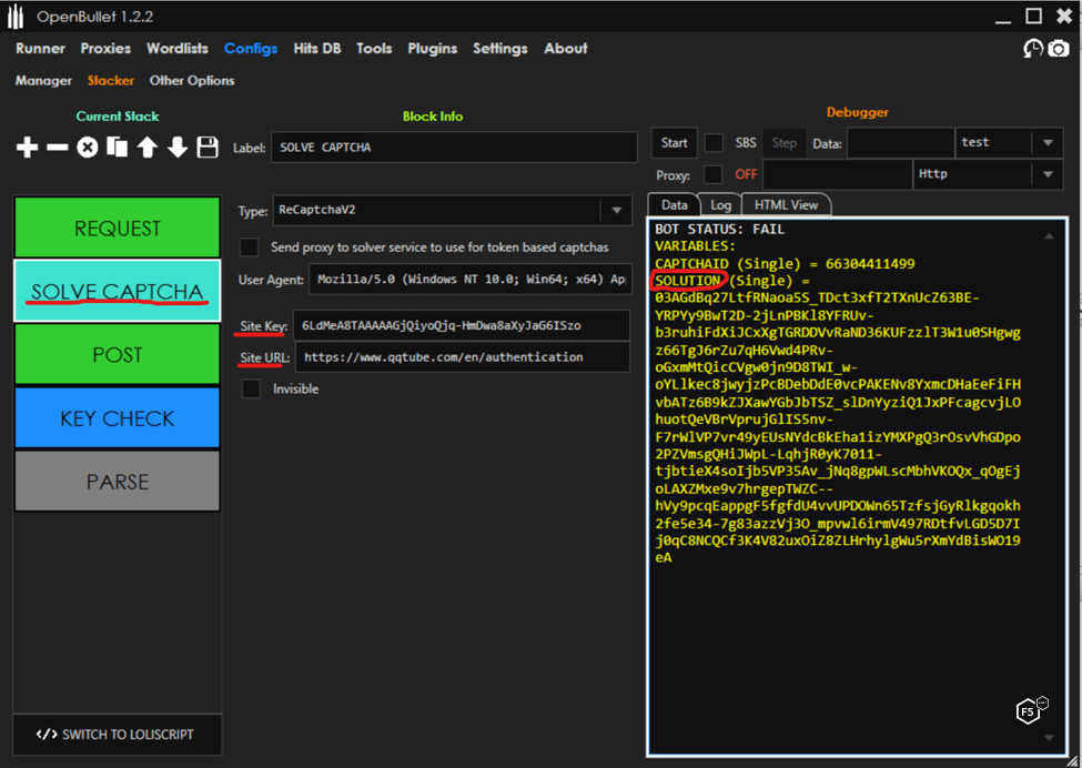 A screencap showing the OpenBullet credential stuffing tool interface, solving the CAPTCHA.