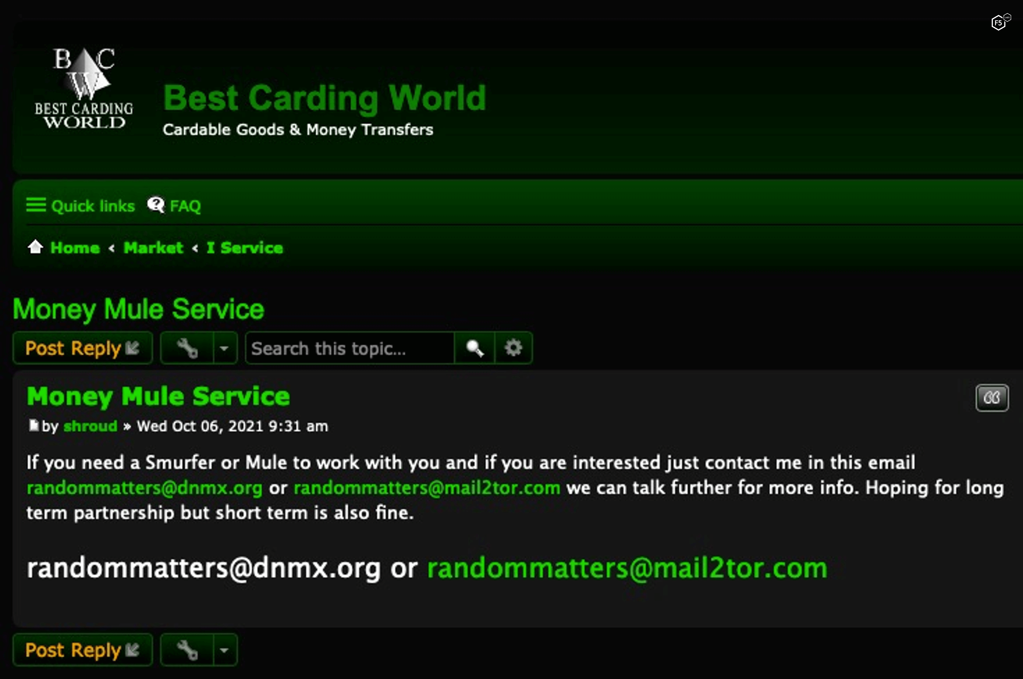 Screenshot of a dark web advertisement for mule services.