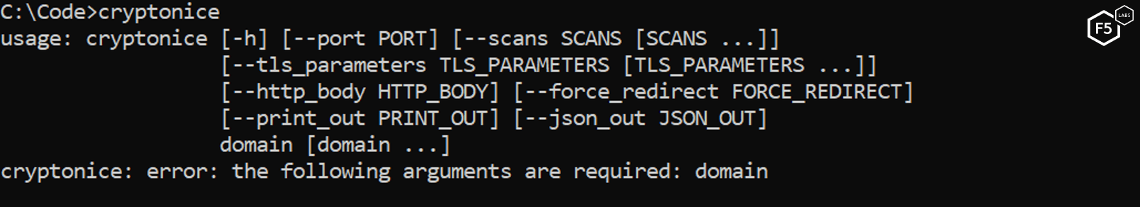 Figure 3. Running Cryptonice with no parameters displays the available options