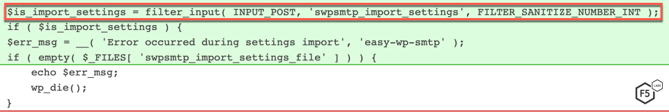 Figure 3. The plugin checks to see if swpsmtp_import_settings POST parameter is set to 1