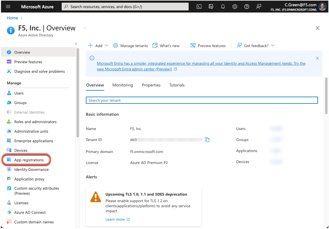 Azure AD Portal Home Page