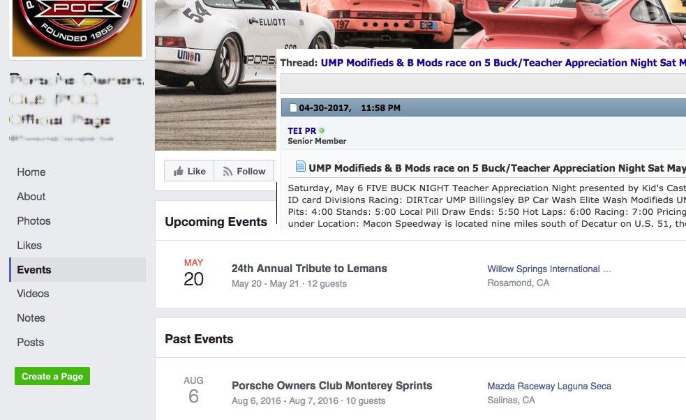 Screenshot of social media events page