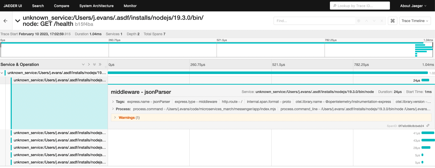 Screenshot of Jaeger GUI showing list of spans for unknown_service, before auto-instrumention is changed to show correct service names