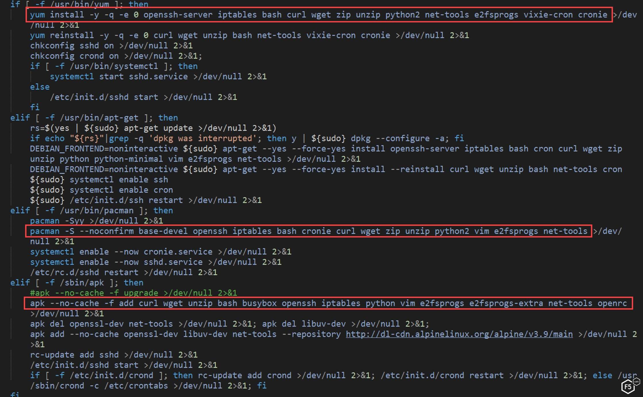 Figure 13. The NTP script installing specific tools on different Linux distributions
