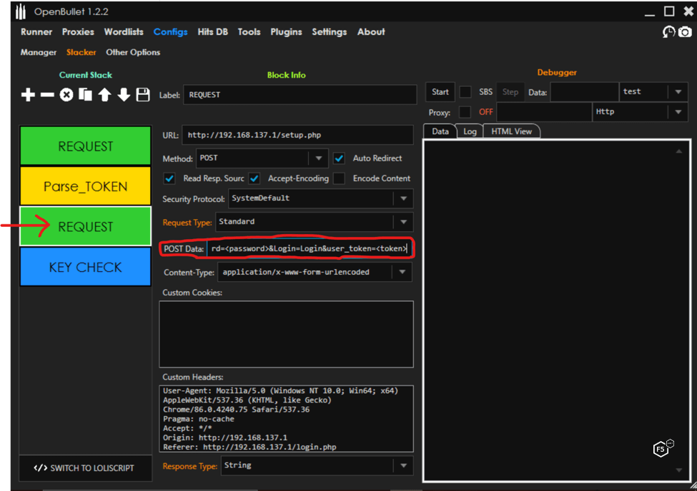 A screencap showing the OpenBullet credential stuffing tool interface, demonstrating the second step of configuring a parse token.